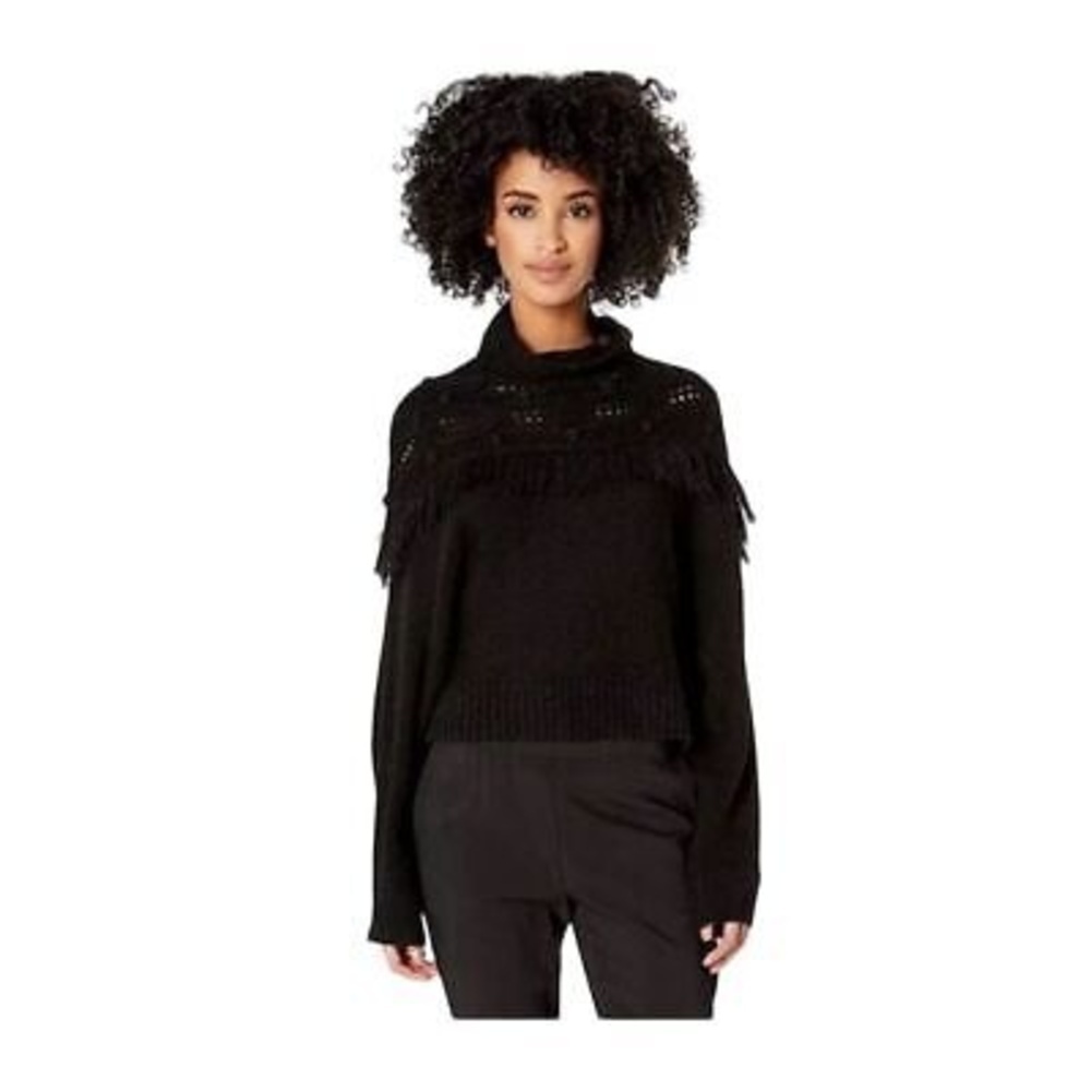 Rachel Zoe Women's XS Black Pullover Sweater Mock Neck Fringe Detail
